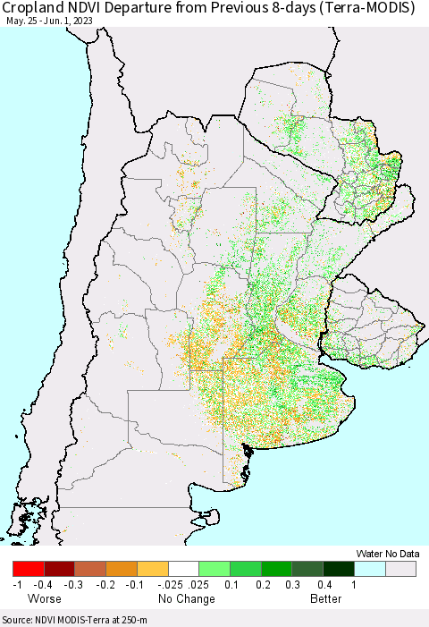 Southern South America Cropland NDVI Departure from Previous 8-days (Terra-MODIS) Thematic Map For 5/25/2023 - 6/1/2023