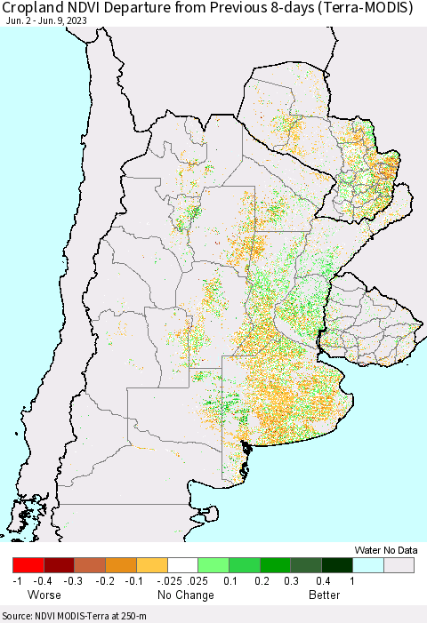 Southern South America Cropland NDVI Departure from Previous 8-days (Terra-MODIS) Thematic Map For 6/2/2023 - 6/9/2023