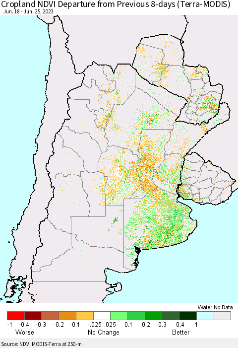 Southern South America Cropland NDVI Departure from Previous 8-days (Terra-MODIS) Thematic Map For 6/18/2023 - 6/25/2023