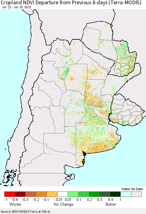 Southern South America Cropland NDVI Departure from Previous 8-days (Terra-MODIS) Thematic Map For 7/12/2023 - 7/19/2023