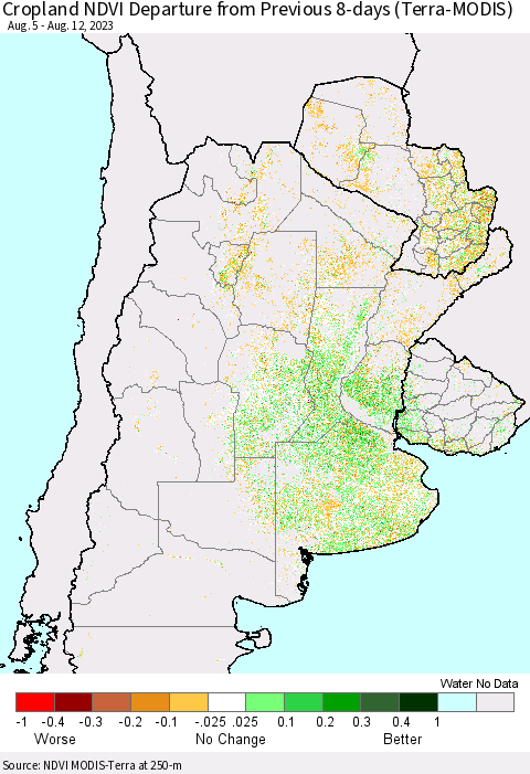 Southern South America Cropland NDVI Departure from Previous 8-days (Terra-MODIS) Thematic Map For 8/5/2023 - 8/12/2023