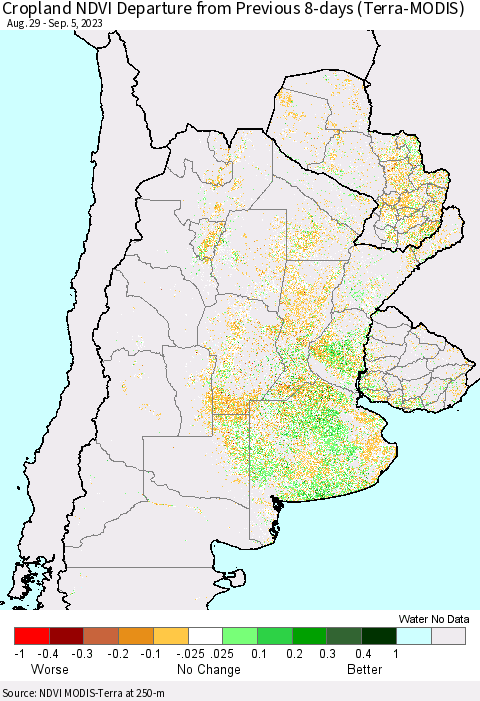Southern South America Cropland NDVI Departure from Previous 8-days (Terra-MODIS) Thematic Map For 8/29/2023 - 9/5/2023