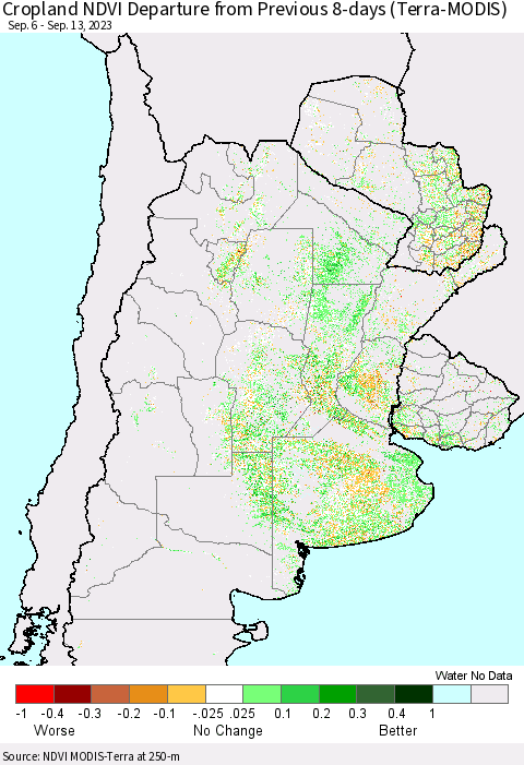 Southern South America Cropland NDVI Departure from Previous 8-days (Terra-MODIS) Thematic Map For 9/6/2023 - 9/13/2023