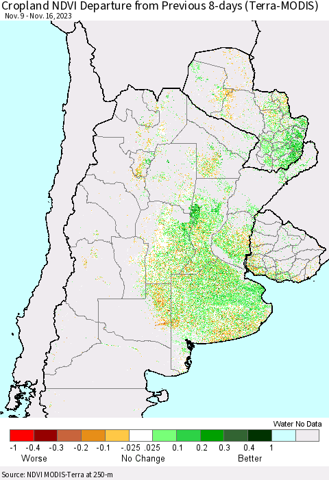 Southern South America Cropland NDVI Departure from Previous 8-days (Terra-MODIS) Thematic Map For 11/9/2023 - 11/16/2023