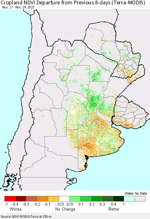 Southern South America Cropland NDVI Departure from Previous 8-days (Terra-MODIS) Thematic Map For 11/17/2023 - 11/24/2023