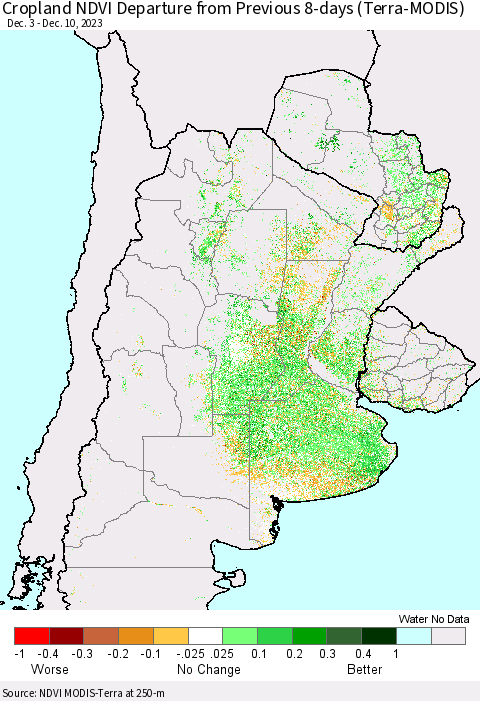 Southern South America Cropland NDVI Departure from Previous 8-days (Terra-MODIS) Thematic Map For 12/3/2023 - 12/10/2023