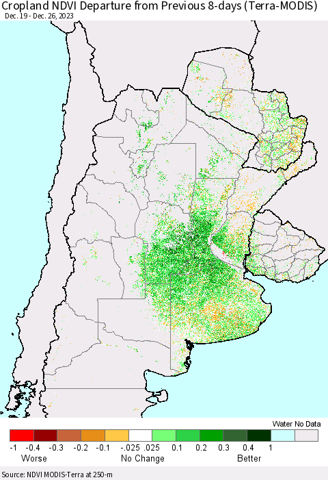 Southern South America Cropland NDVI Departure from Previous 8-days (Terra-MODIS) Thematic Map For 12/19/2023 - 12/26/2023
