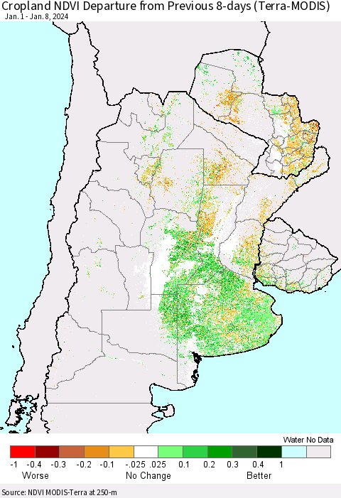 Southern South America Cropland NDVI Departure from Previous 8-days (Terra-MODIS) Thematic Map For 1/1/2024 - 1/8/2024