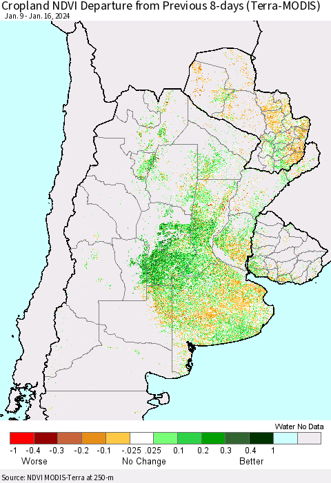 Southern South America Cropland NDVI Departure from Previous 8-days (Terra-MODIS) Thematic Map For 1/9/2024 - 1/16/2024