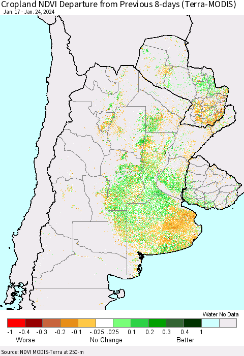 Southern South America Cropland NDVI Departure from Previous 8-days (Terra-MODIS) Thematic Map For 1/17/2024 - 1/24/2024