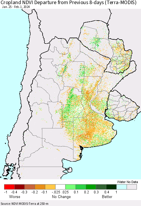 Southern South America Cropland NDVI Departure from Previous 8-days (Terra-MODIS) Thematic Map For 1/25/2024 - 2/1/2024