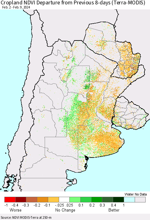 Southern South America Cropland NDVI Departure from Previous 8-days (Terra-MODIS) Thematic Map For 2/2/2024 - 2/9/2024