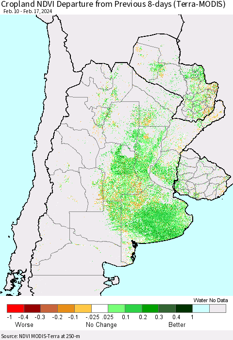 Southern South America Cropland NDVI Departure from Previous 8-days (Terra-MODIS) Thematic Map For 2/10/2024 - 2/17/2024