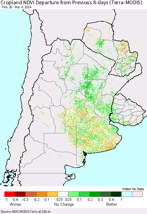 Southern South America Cropland NDVI Departure from Previous 8-days (Terra-MODIS) Thematic Map For 2/26/2024 - 3/4/2024