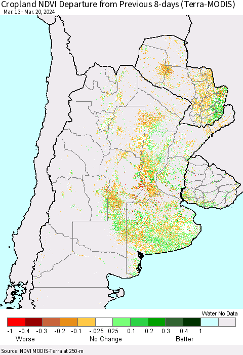 Southern South America Cropland NDVI Departure from Previous 8-days (Terra-MODIS) Thematic Map For 3/13/2024 - 3/20/2024