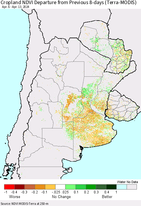 Southern South America Cropland NDVI Departure from Previous 8-days (Terra-MODIS) Thematic Map For 4/6/2024 - 4/13/2024