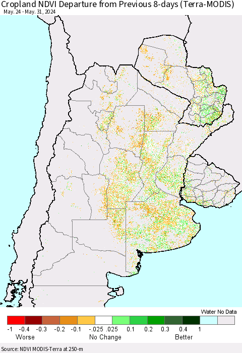 Southern South America Cropland NDVI Departure from Previous 8-days (Terra-MODIS) Thematic Map For 5/24/2024 - 5/31/2024