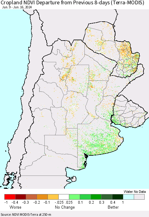 Southern South America Cropland NDVI Departure from Previous 8-days (Terra-MODIS) Thematic Map For 6/9/2024 - 6/16/2024
