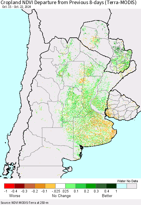 Southern South America Cropland NDVI Departure from Previous 8-days (Terra-MODIS) Thematic Map For 10/15/2024 - 10/22/2024