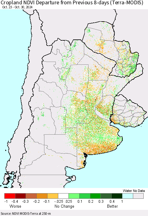 Southern South America Cropland NDVI Departure from Previous 8-days (Terra-MODIS) Thematic Map For 10/23/2024 - 10/30/2024