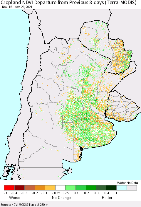 Southern South America Cropland NDVI Departure from Previous 8-days (Terra-MODIS) Thematic Map For 11/16/2024 - 11/23/2024