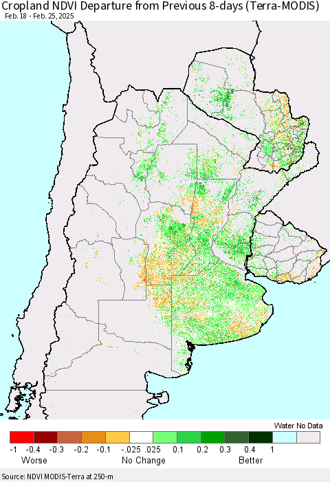 Southern South America Cropland NDVI Departure from Previous 8-days (Terra-MODIS) Thematic Map For 2/18/2025 - 2/25/2025