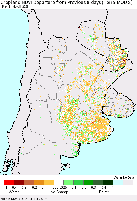 Southern South America Cropland NDVI Departure from Previous 8-days (Terra-MODIS) Thematic Map For 5/1/2025 - 5/8/2025
