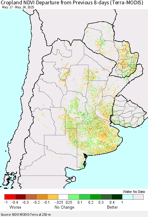 Southern South America Cropland NDVI Departure from Previous 8-days (Terra-MODIS) Thematic Map For 5/17/2025 - 5/24/2025