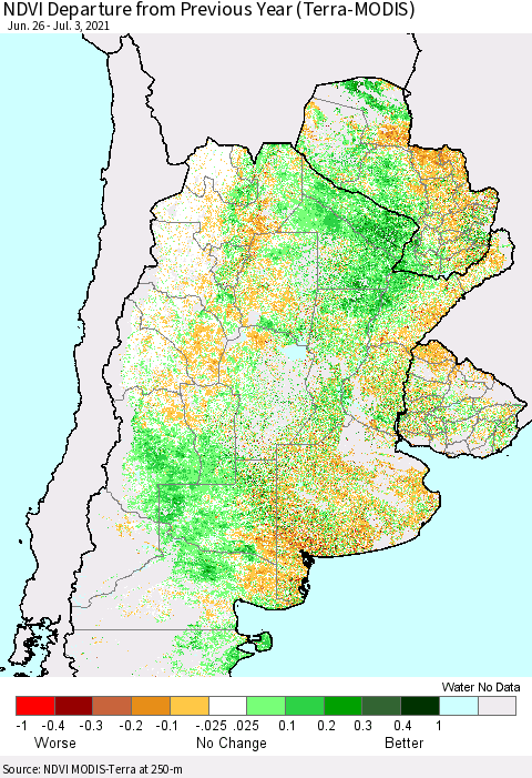 Southern South America NDVI Departure from Previous Year (Terra-MODIS) Thematic Map For 6/26/2021 - 7/3/2021