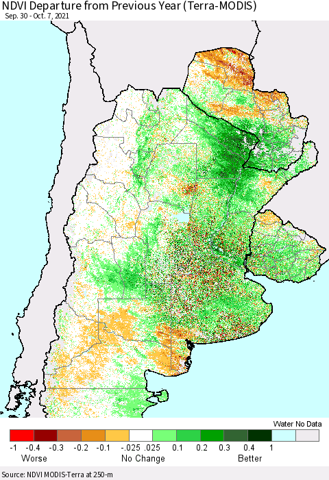 Southern South America NDVI Departure from Previous Year (Terra-MODIS) Thematic Map For 9/30/2021 - 10/7/2021