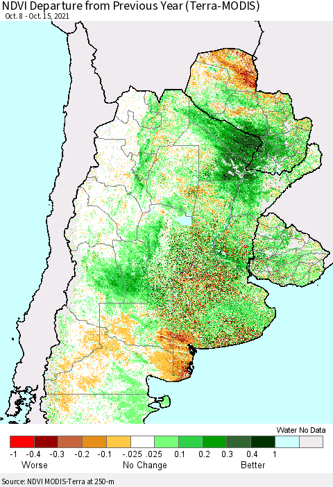Southern South America NDVI Departure from Previous Year (Terra-MODIS) Thematic Map For 10/8/2021 - 10/15/2021