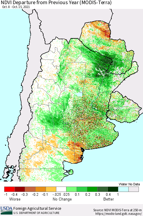 Southern South America NDVI Departure from Previous Year (Terra-MODIS) Thematic Map For 10/11/2021 - 10/20/2021