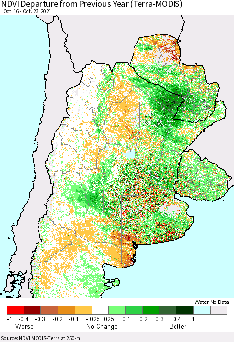 Southern South America NDVI Departure from Previous Year (Terra-MODIS) Thematic Map For 10/16/2021 - 10/23/2021