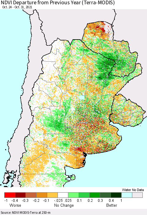 Southern South America NDVI Departure from Previous Year (Terra-MODIS) Thematic Map For 10/21/2021 - 10/31/2021