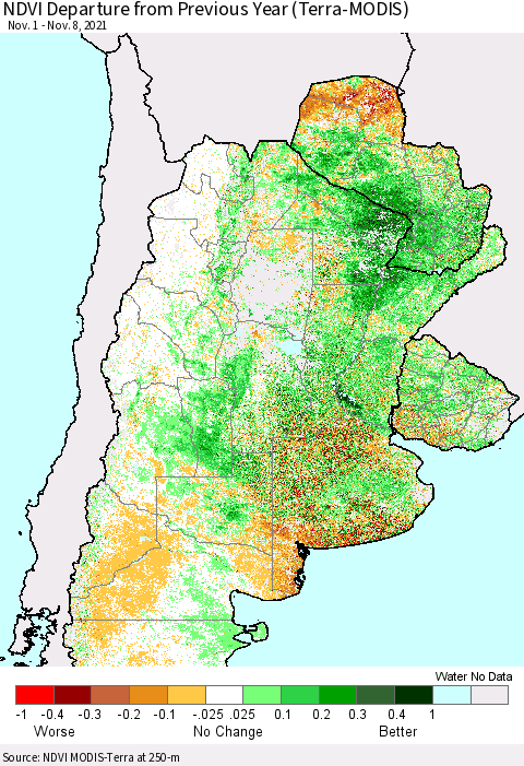 Southern South America NDVI Departure from Previous Year (Terra-MODIS) Thematic Map For 11/1/2021 - 11/8/2021