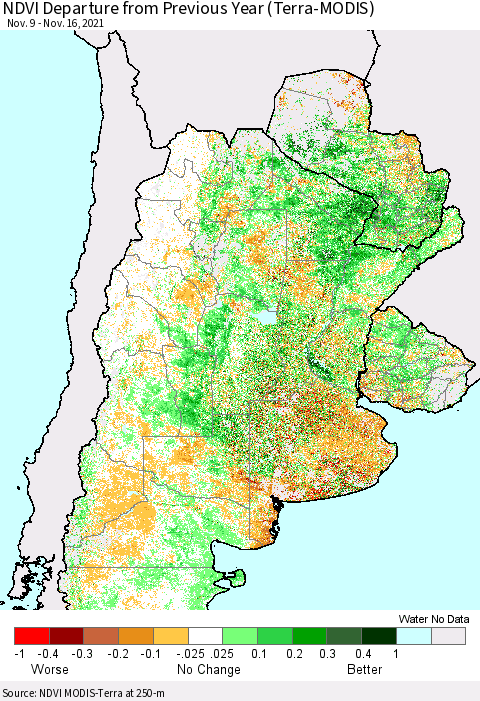 Southern South America NDVI Departure from Previous Year (Terra-MODIS) Thematic Map For 11/9/2021 - 11/16/2021