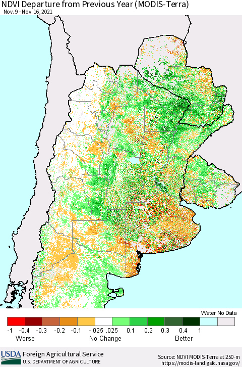Southern South America NDVI Departure from Previous Year (Terra-MODIS) Thematic Map For 11/11/2021 - 11/20/2021