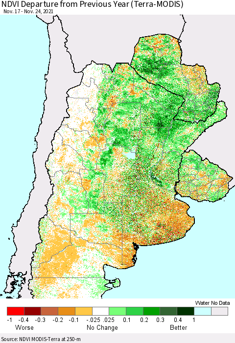Southern South America NDVI Departure from Previous Year (Terra-MODIS) Thematic Map For 11/17/2021 - 11/24/2021