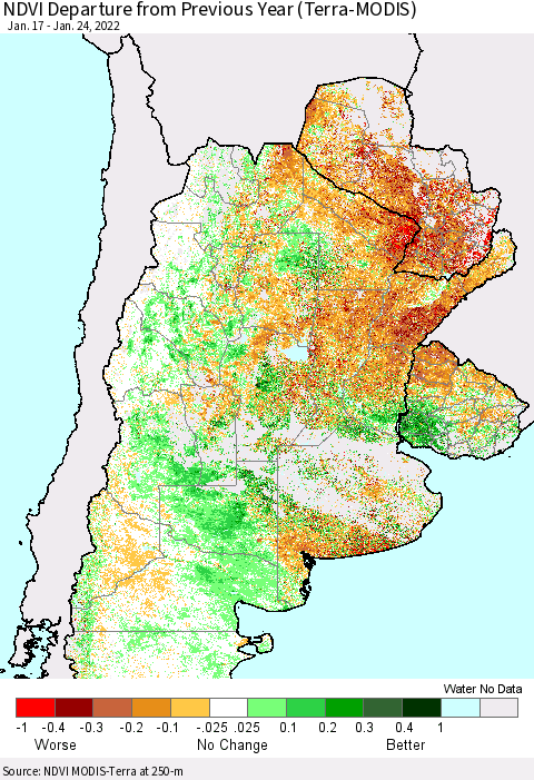 Southern South America NDVI Departure from Previous Year (Terra-MODIS) Thematic Map For 1/17/2022 - 1/24/2022