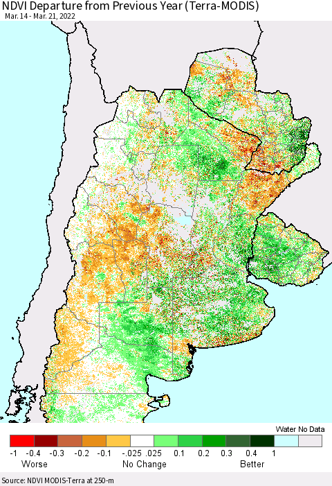 Southern South America NDVI Departure from Previous Year (Terra-MODIS) Thematic Map For 3/14/2022 - 3/21/2022