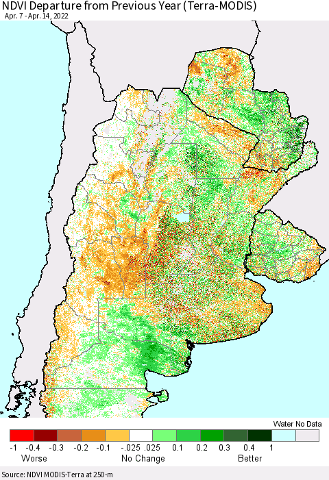 Southern South America NDVI Departure from Previous Year (Terra-MODIS) Thematic Map For 4/7/2022 - 4/14/2022