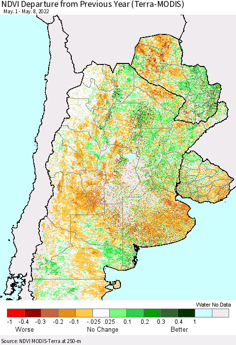 Southern South America NDVI Departure from Previous Year (Terra-MODIS) Thematic Map For 5/1/2022 - 5/8/2022