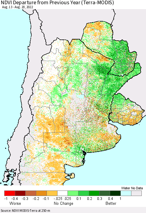 Southern South America NDVI Departure from Previous Year (Terra-MODIS) Thematic Map For 8/13/2022 - 8/20/2022