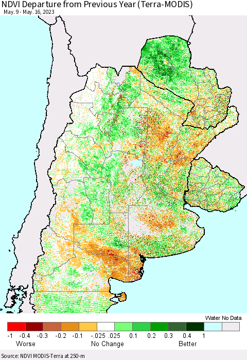 Southern South America NDVI Departure from Previous Year (Terra-MODIS) Thematic Map For 5/9/2023 - 5/16/2023