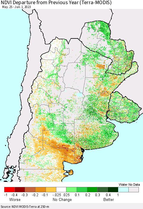 Southern South America NDVI Departure from Previous Year (Terra-MODIS) Thematic Map For 5/25/2023 - 6/1/2023