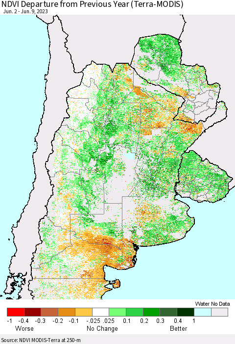 Southern South America NDVI Departure from Previous Year (Terra-MODIS) Thematic Map For 6/2/2023 - 6/9/2023