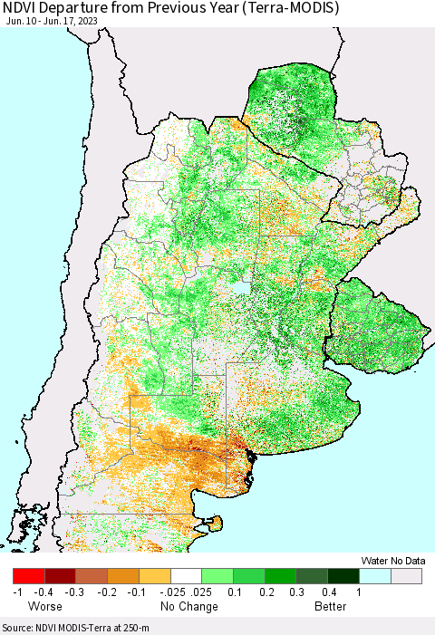 Southern South America NDVI Departure from Previous Year (Terra-MODIS) Thematic Map For 6/10/2023 - 6/17/2023