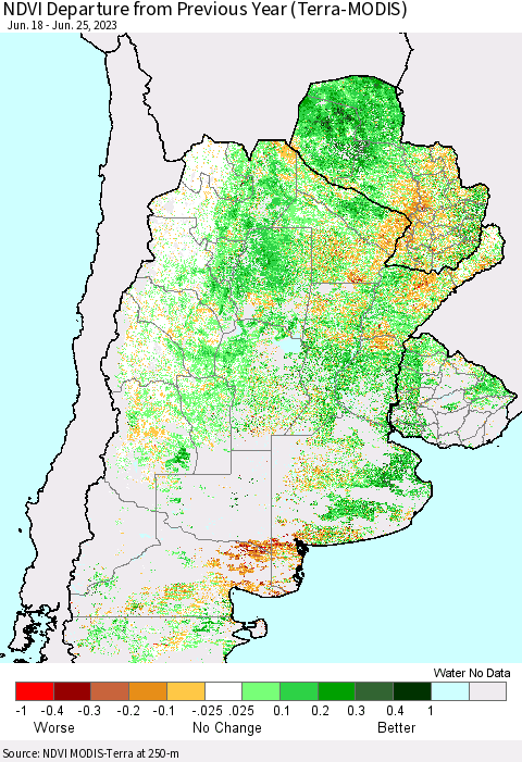 Southern South America NDVI Departure from Previous Year (Terra-MODIS) Thematic Map For 6/18/2023 - 6/25/2023