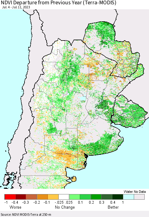 Southern South America NDVI Departure from Previous Year (Terra-MODIS) Thematic Map For 7/4/2023 - 7/11/2023