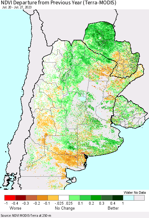 Southern South America NDVI Departure from Previous Year (Terra-MODIS) Thematic Map For 7/20/2023 - 7/27/2023